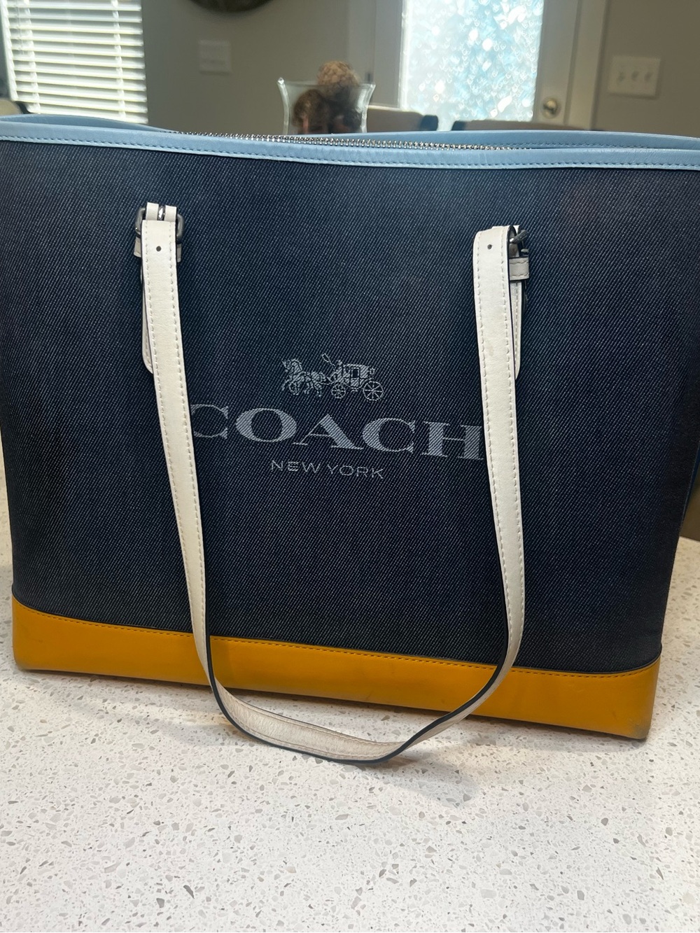 Coach Blue Denim Tote with Yellow Trim and White Straps